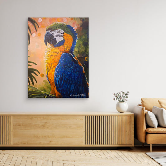 Vibrant Parrot in Forest - Original Oil Painting Canvas
