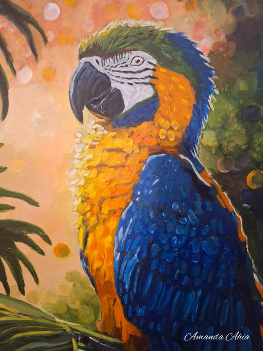 Vibrant Parrot in Forest - Original Oil Painting 23.5x16.5 Canvas