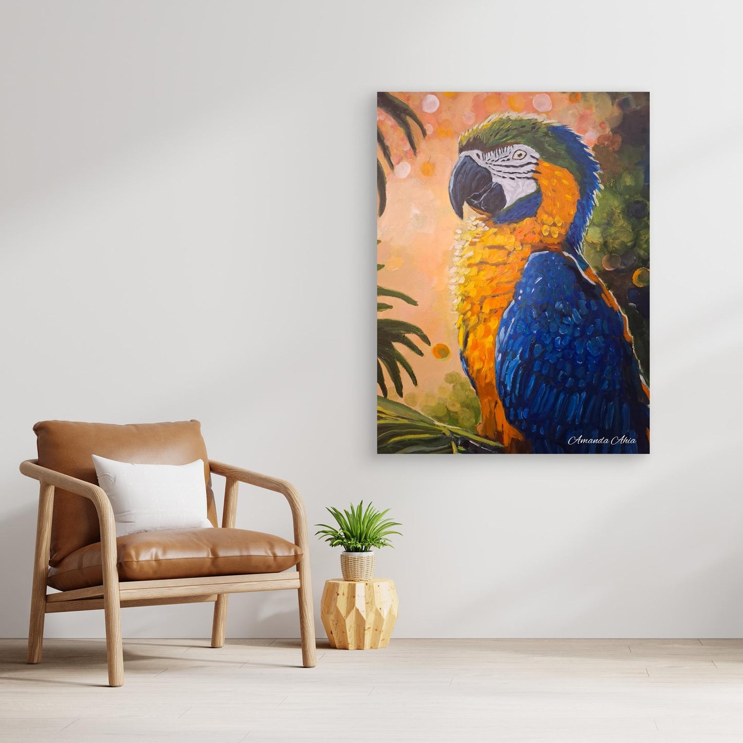 Vibrant Parrot in Forest - Original Oil Painting Canvas